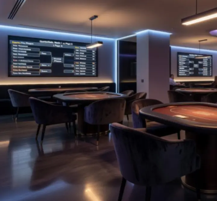 Nowoczesna, oświetlona sala turniejowa Trevio Space przygotowana na wieczór pokerowy.