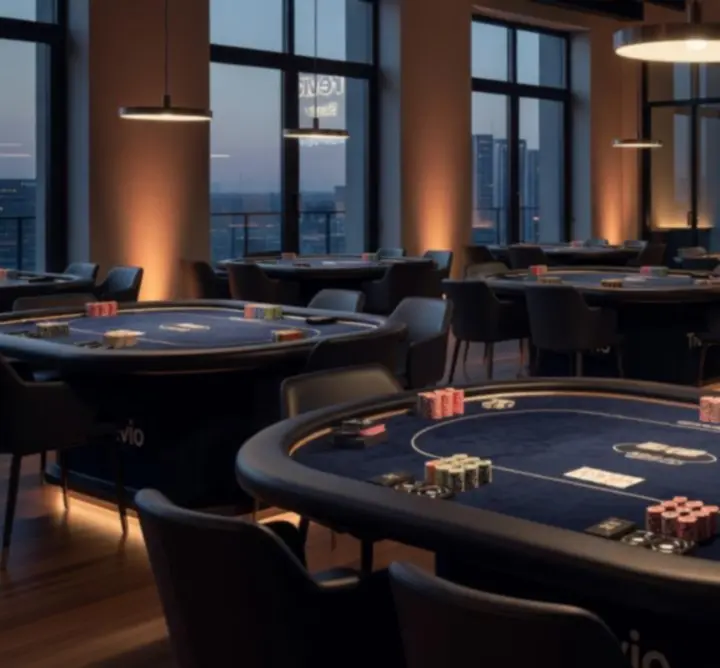 Nowoczesna sala turniejowa Trevio Space z przygotowanymi stołami pokerowymi