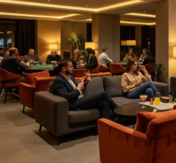 Nowoczesne, nastrojowe wnętrze Trevio Space z pokerowymi stołami i strefą lounge