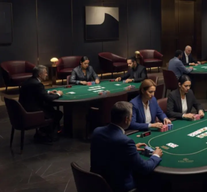 Stół pokerowy podczas intensywnego turnieju na żywo w Trevio Space