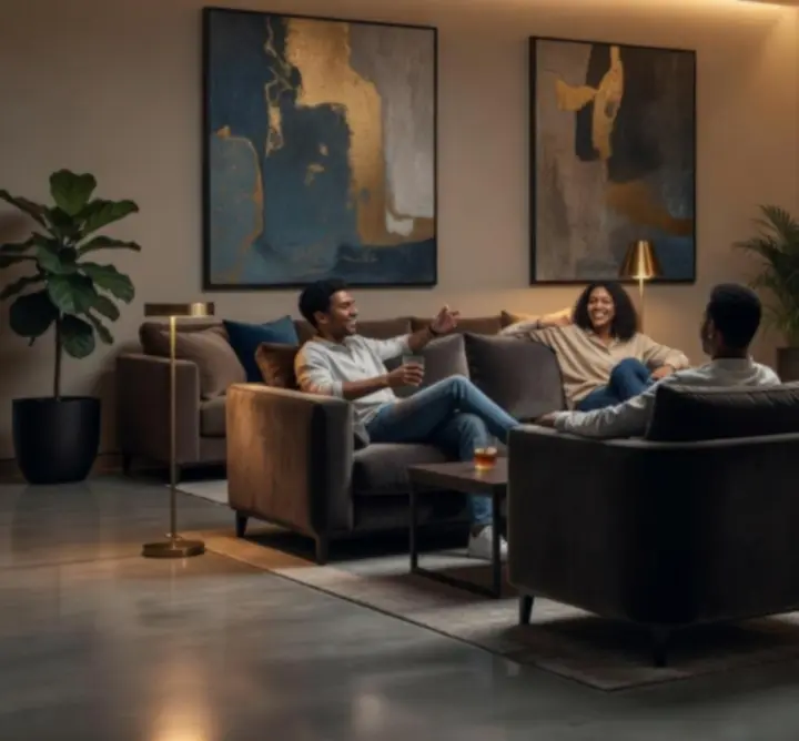 Strefa lounge Trevio Space z wygodnymi fotelami i nastrojowym oświetleniem