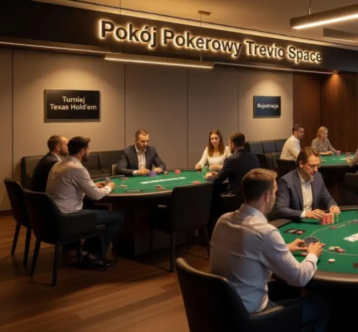 Nowoczesna sala pokerowa Trevio Space z profesjonalnymi stołami i oświetleniem