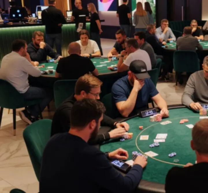 Stół pokerowy w sali turniejowej Trevio Space podczas rozgrywki turniejowej.